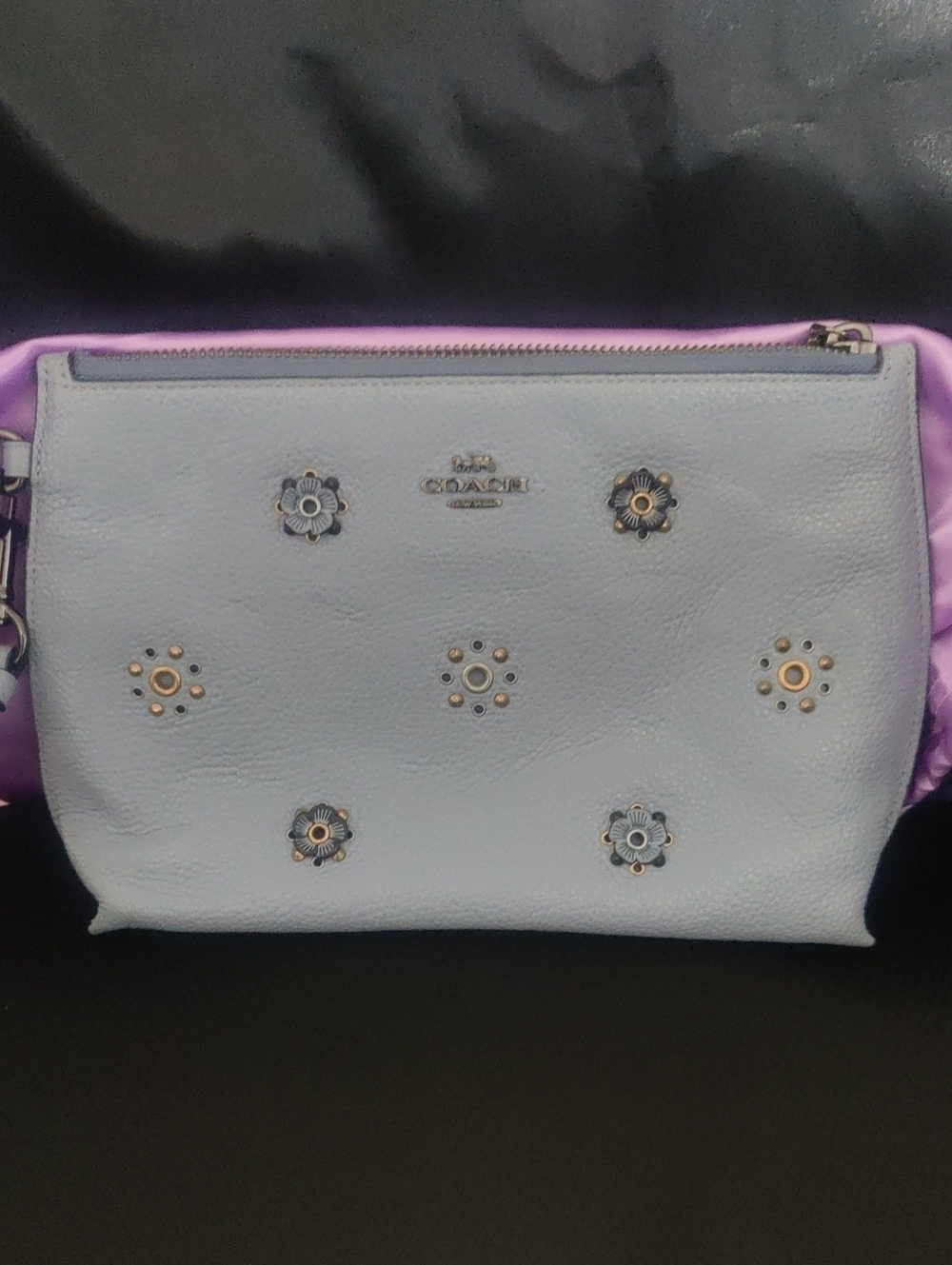 Coach Tea Rose Studded Leather Wristlet Blue Floral Clutch Wallet EUC